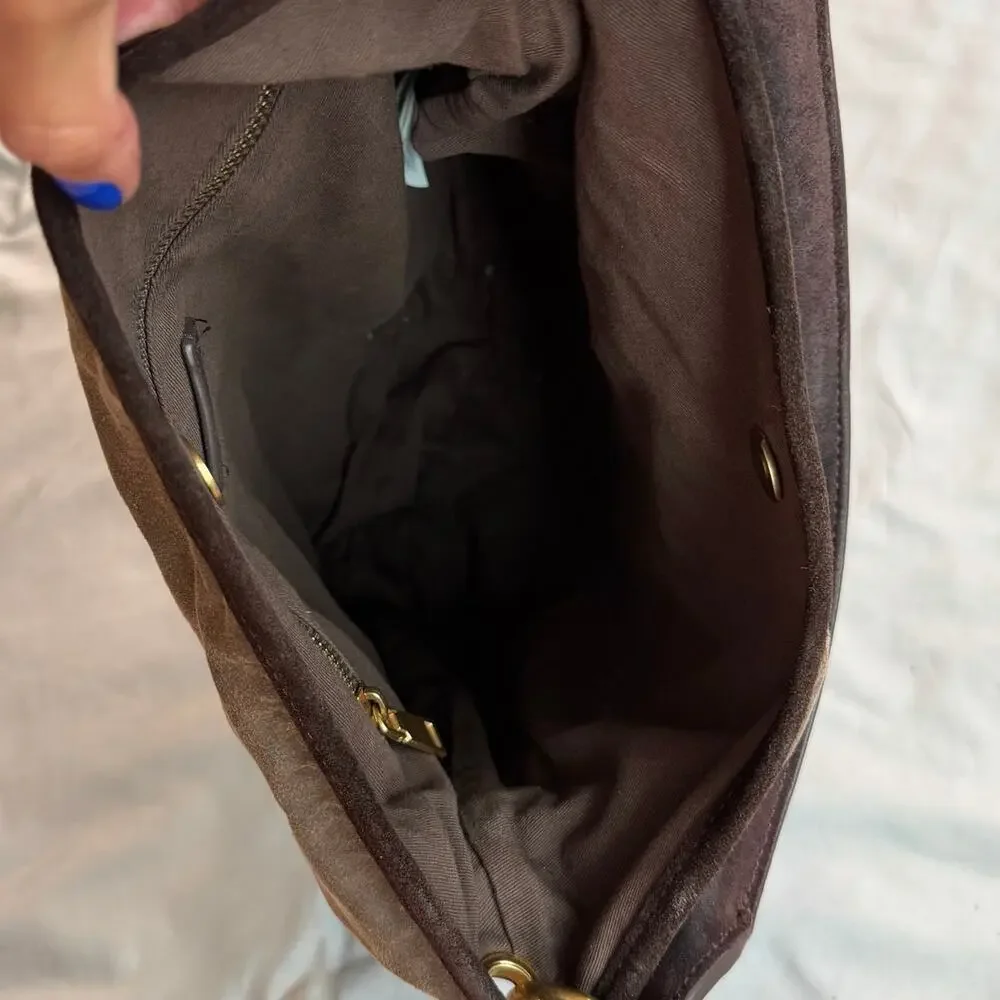 Zara Brown Canvas Leather Trim Hobo Shoulder Bag Women's Large
